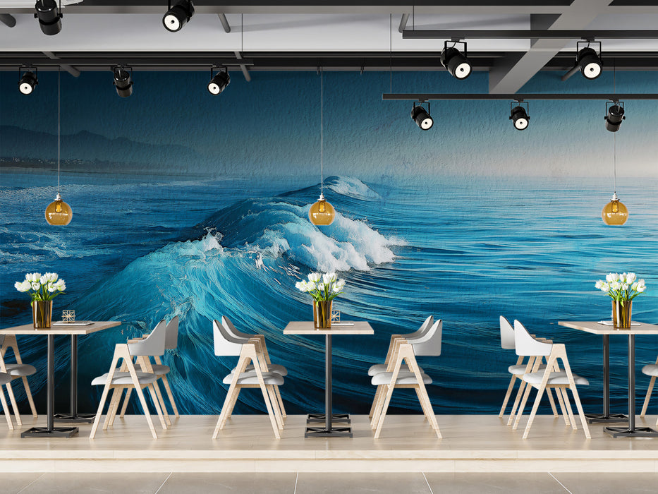 Realistic Blue Ocean Wave Oil Painting Mural Wallpaper | Textured Seascape Art
