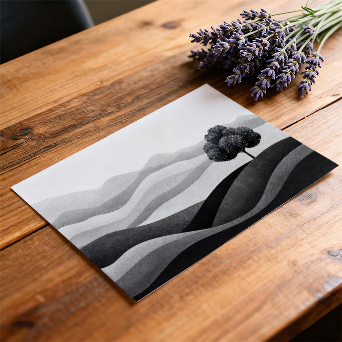 Black and White Rolling Hills with Tree Mural Wallpaper | Minimalist Monochrome Landscape