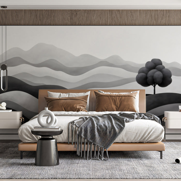Black and White Rolling Hills with Tree Mural Wallpaper | Minimalist Monochrome Landscape