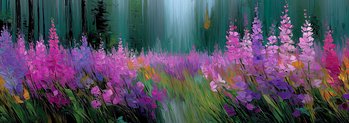 Vibrant Purple and Pink Wildflower Field Oil Painting Mural Wallpaper | Forest Meadow Art