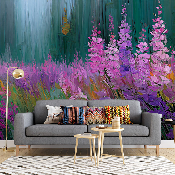 Vibrant Purple and Pink Wildflower Field Oil Painting Mural Wallpaper | Forest Meadow Art