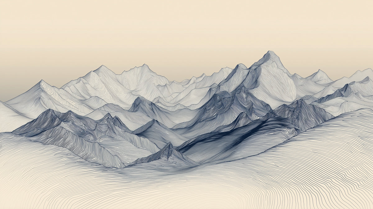 Minimalist Line Art Mountain Range Mural Wallpaper | Beige and Blue Landscape