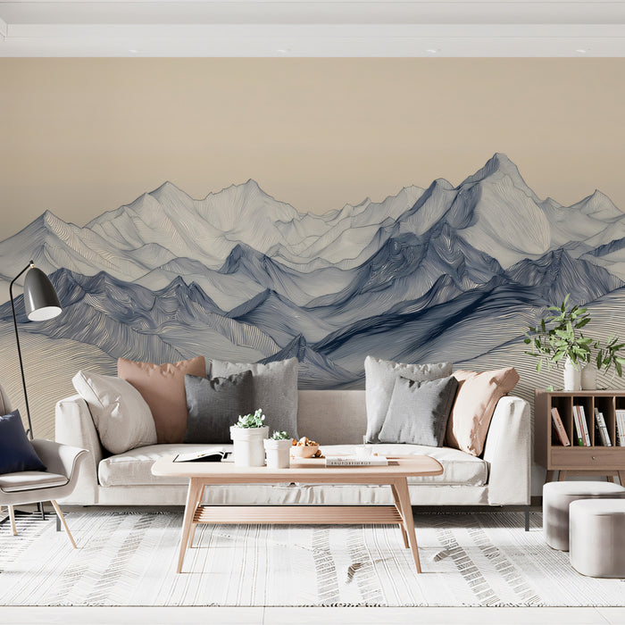 Minimalist Line Art Mountain Range Mural Wallpaper | Beige and Blue Landscape