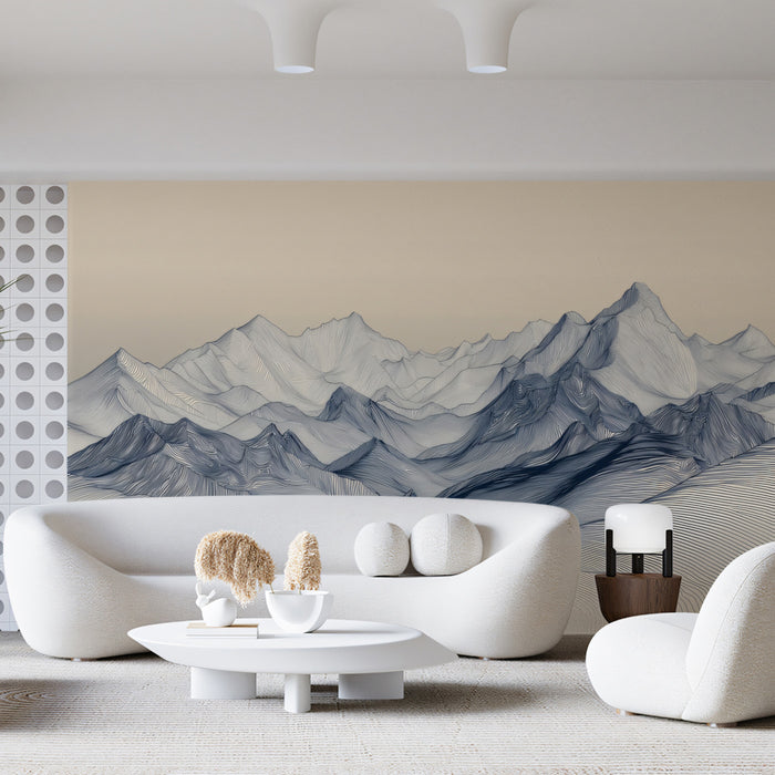 Minimalist Line Art Mountain Range Mural Wallpaper | Beige and Blue Landscape