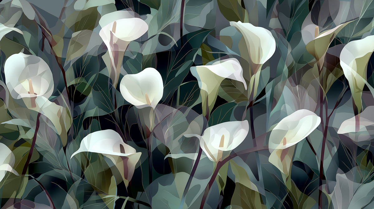 Elegant White Calla Lily Floral Mural Wallpaper | Dark Green Botanical Art