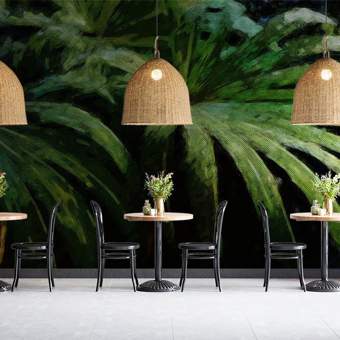 Tropical Palm Leaves Dark Green Texture Mural Wallpaper | Moody Botanical Art