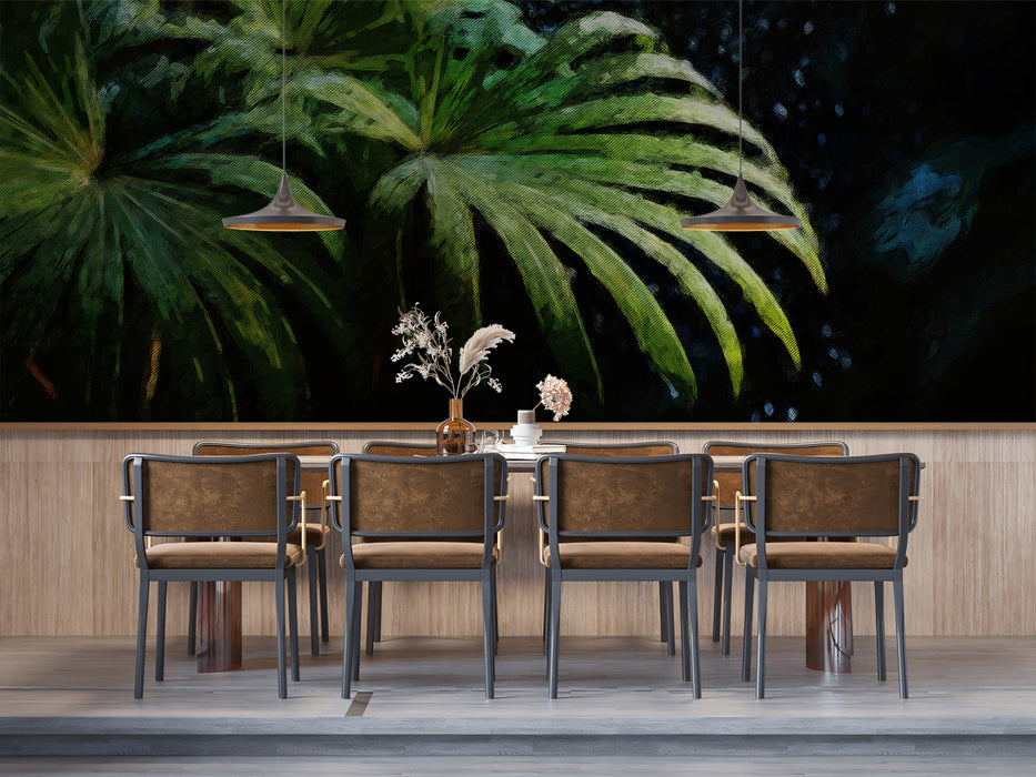 Tropical Palm Leaves Dark Green Texture Mural Wallpaper | Moody Botanical Art