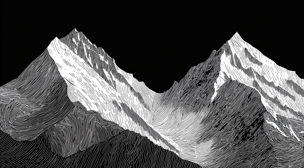 Black and White Line Art Mountain Peaks Mural Wallpaper | Dramatic Landscape Sketch