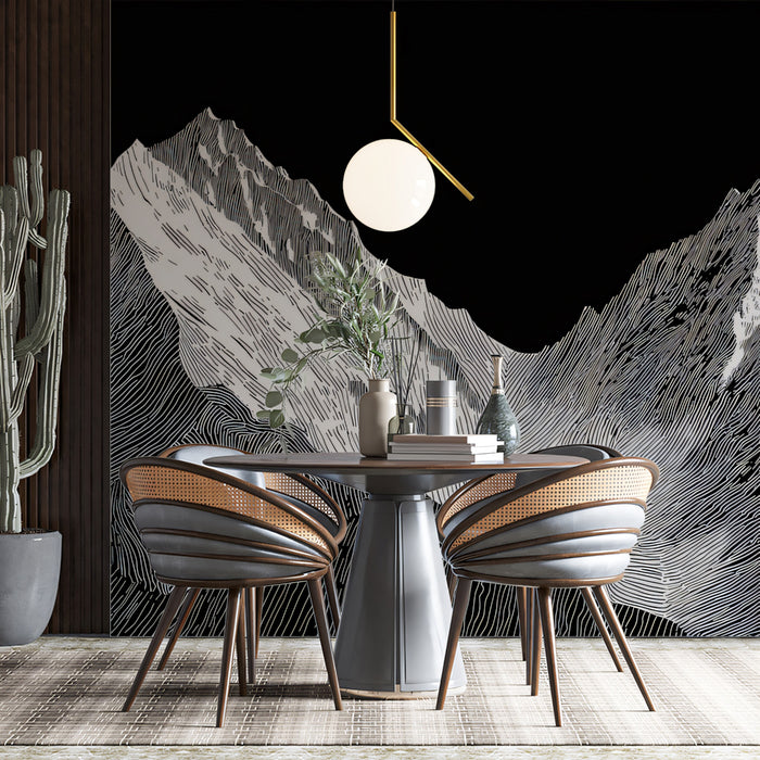 Black and White Line Art Mountain Peaks Mural Wallpaper | Dramatic Landscape Sketch