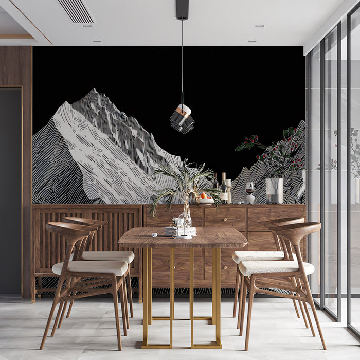 Black and White Line Art Mountain Peaks Mural Wallpaper | Dramatic Landscape Sketch