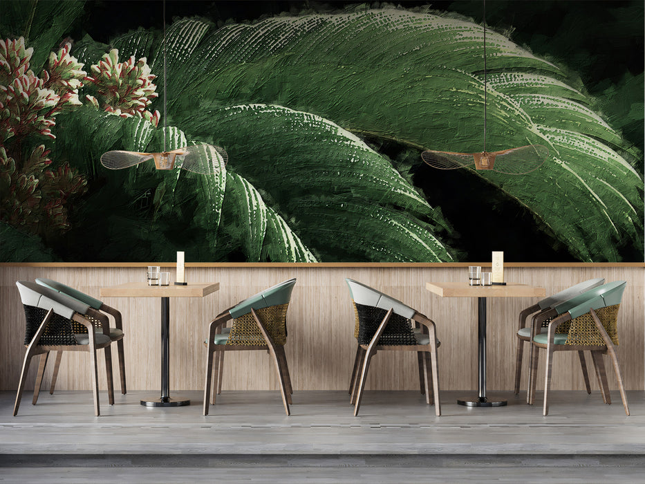 Green Fern Leaves Texture Oil Painting Mural Wallpaper | Lush Botanical Art