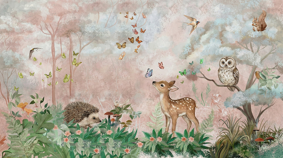 Whimsical Forest Animals Pastel Mural Wallpaper | Enchanted Nursery Scene