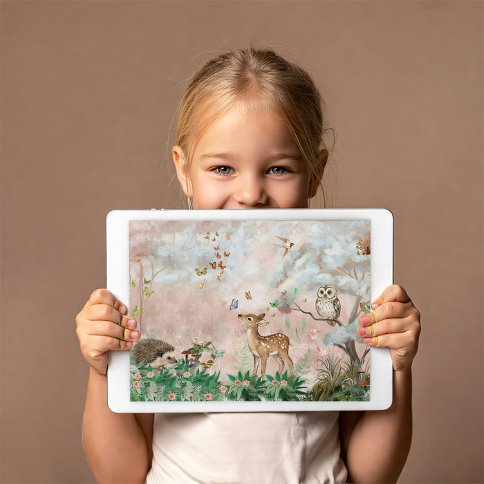 Whimsical Forest Animals Pastel Mural Wallpaper | Enchanted Nursery Scene