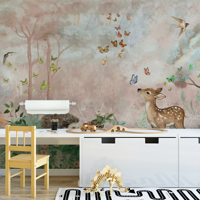 Whimsical Forest Animals Pastel Mural Wallpaper | Enchanted Nursery Scene