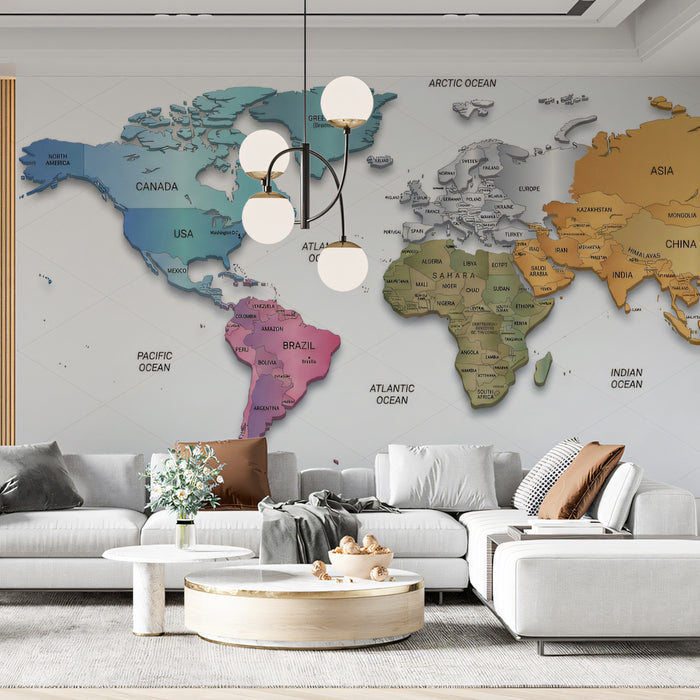 Colorful World Map Educational Mural Wallpaper | Modern Geographic Art