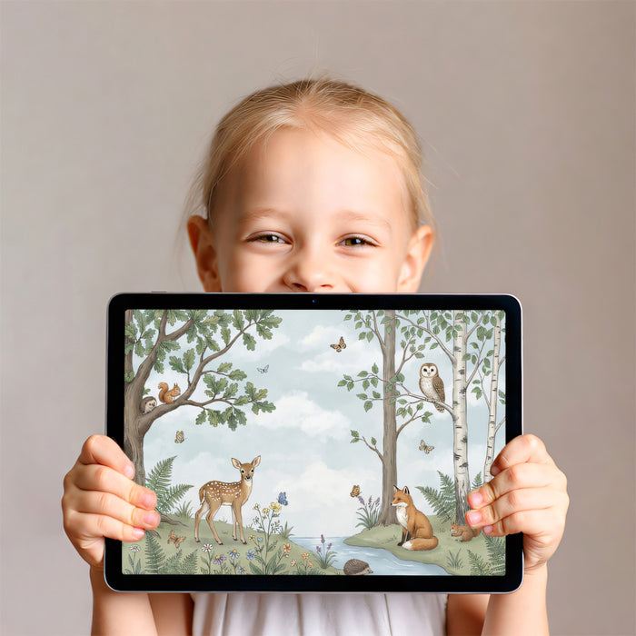Woodland Animals and Trees Watercolor Mural Wallpaper | Nature Nursery Decor