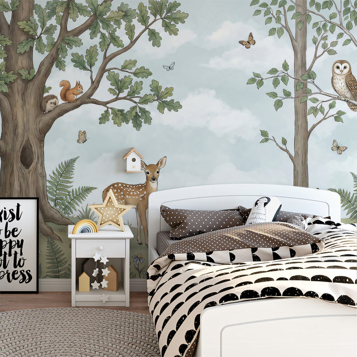 Woodland Animals and Trees Watercolor Mural Wallpaper | Nature Nursery Decor