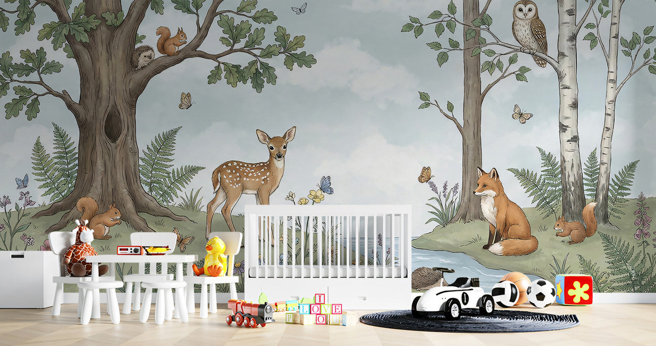 Woodland Animals and Trees Watercolor Mural Wallpaper | Nature Nursery Decor