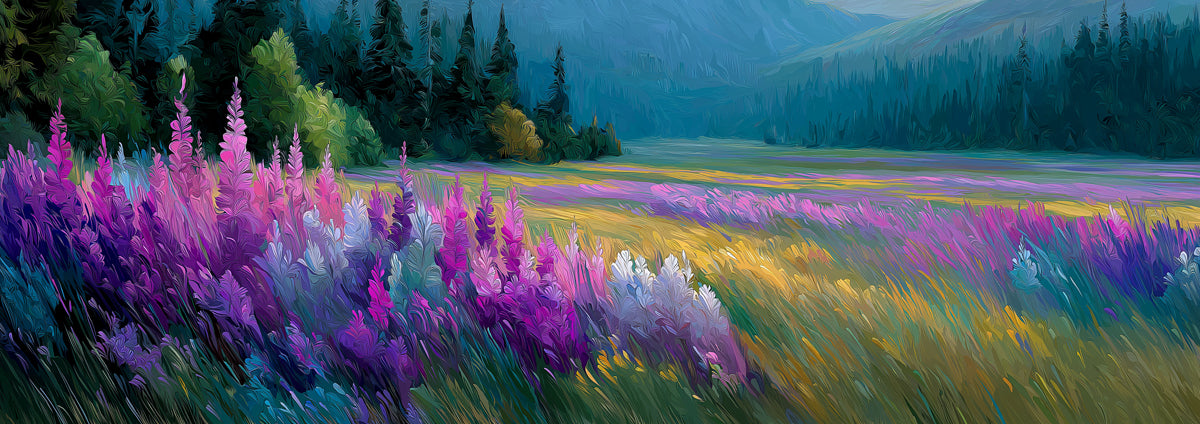 Vibrant Purple Lavender Field Oil Painting Mural Wallpaper | Scenic Landscape Art