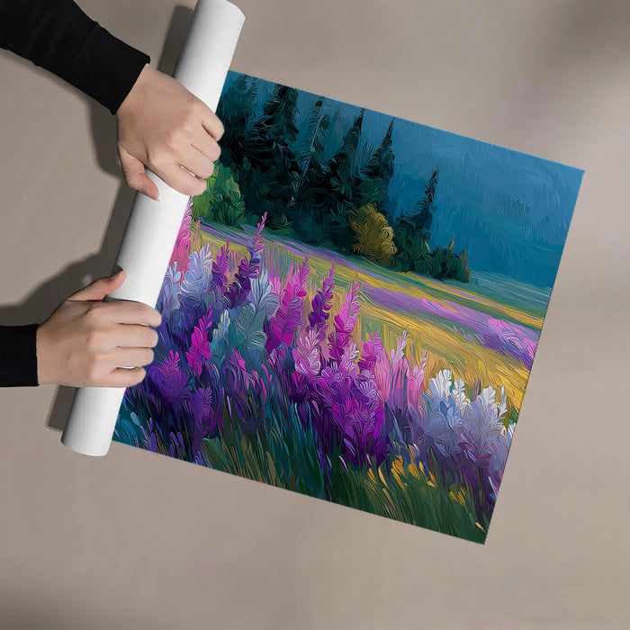 Vibrant Purple Lavender Field Oil Painting Mural Wallpaper | Scenic Landscape Art