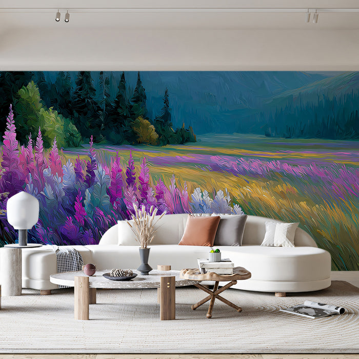 Vibrant Purple Lavender Field Oil Painting Mural Wallpaper | Scenic Landscape Art