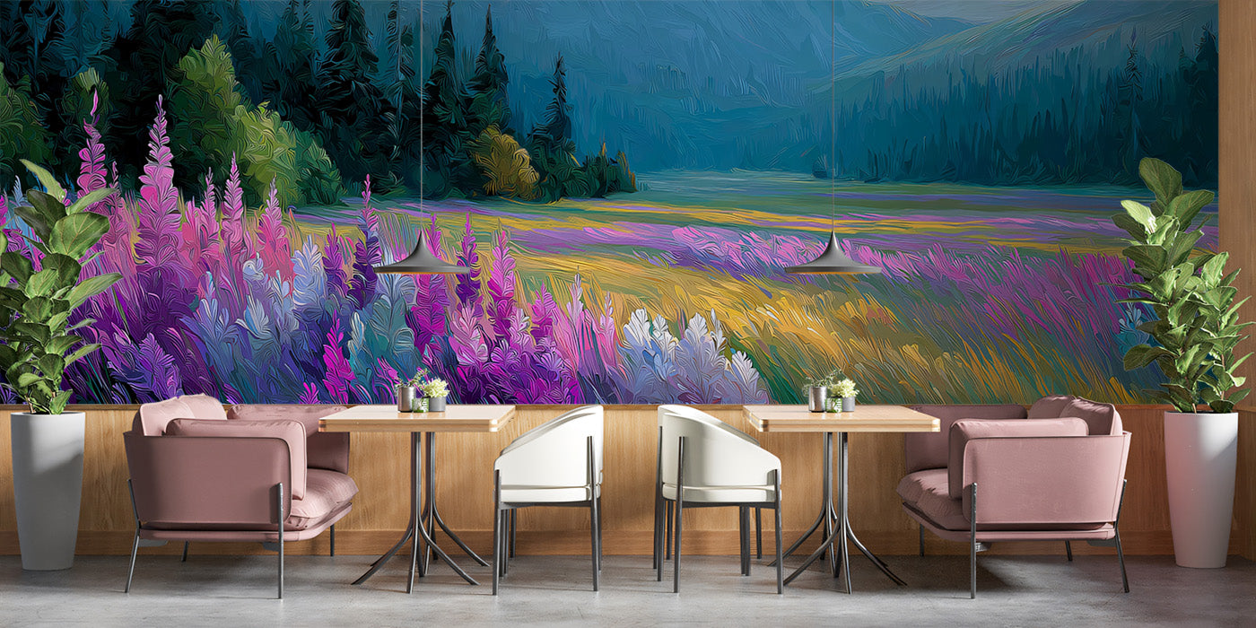 Vibrant Purple Lavender Field Oil Painting Mural Wallpaper | Scenic Landscape Art