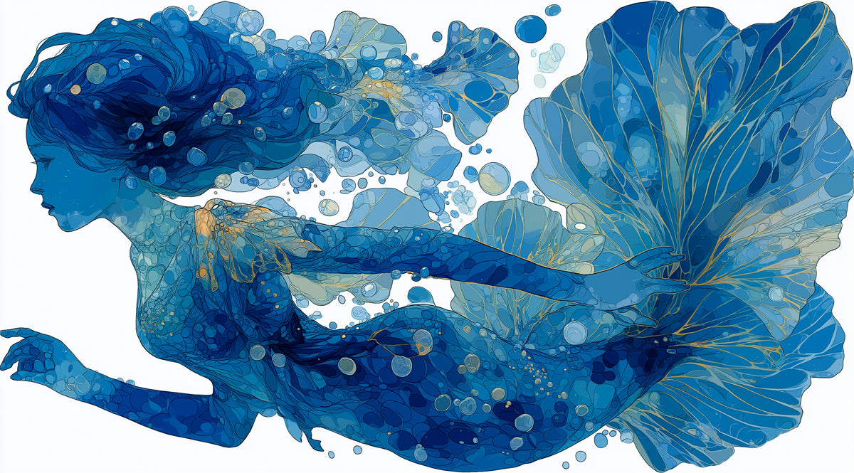 Ethereal Blue Mermaid Fantasy Illustration Mural Wallpaper | Ocean Magic Art