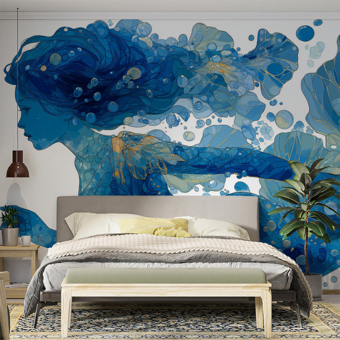 Ethereal Blue Mermaid Fantasy Illustration Mural Wallpaper | Ocean Magic Art
