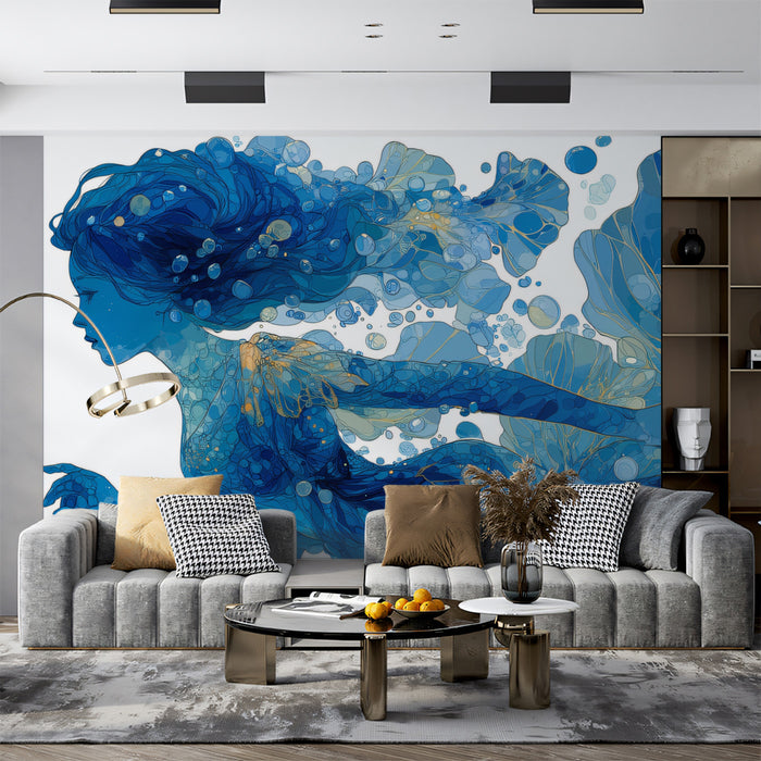 Ethereal Blue Mermaid Fantasy Illustration Mural Wallpaper | Ocean Magic Art