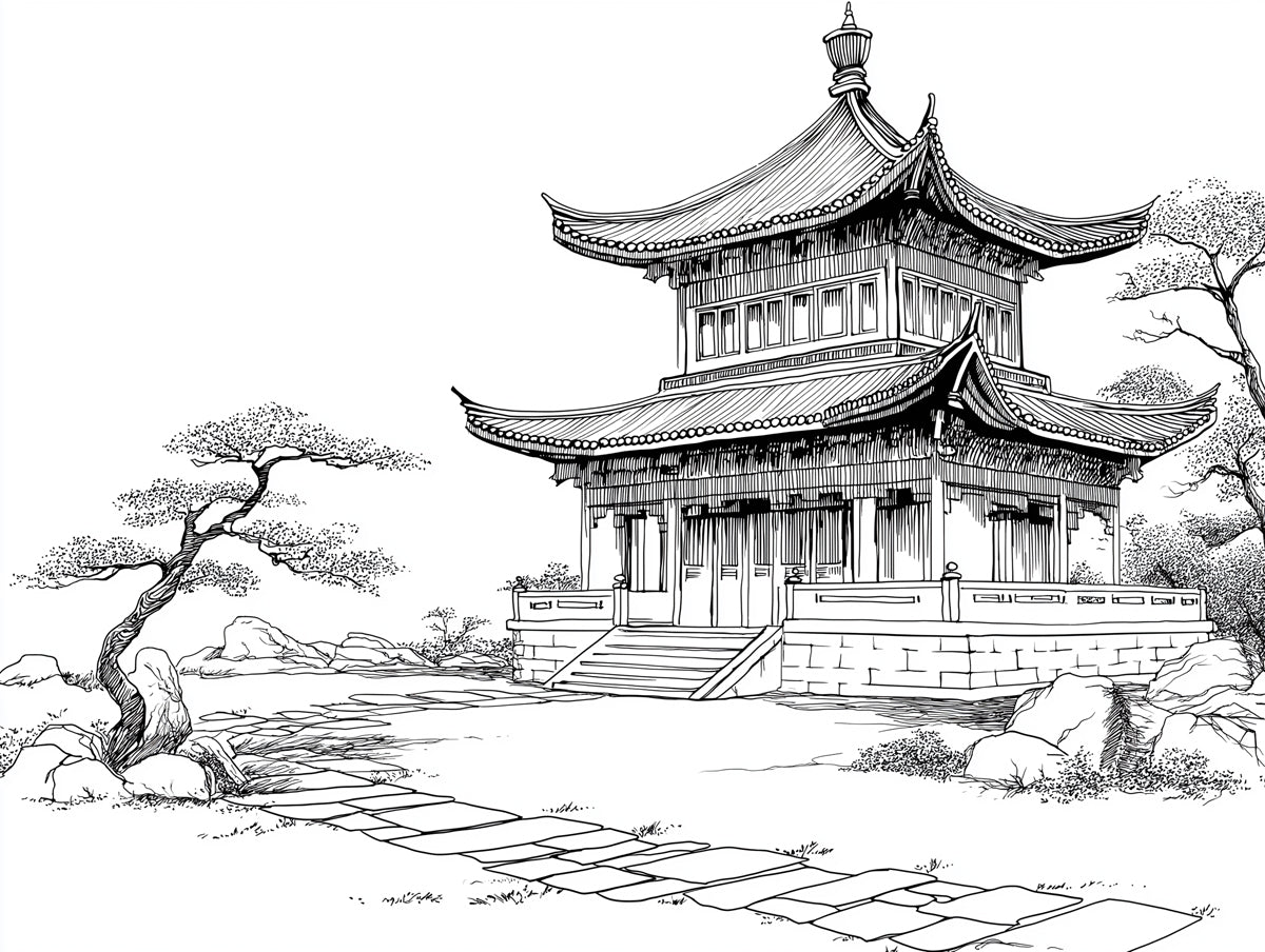 Traditional Chinese Pavilion and Garden Sketch Mural Wallpaper | Black and White Ink Art