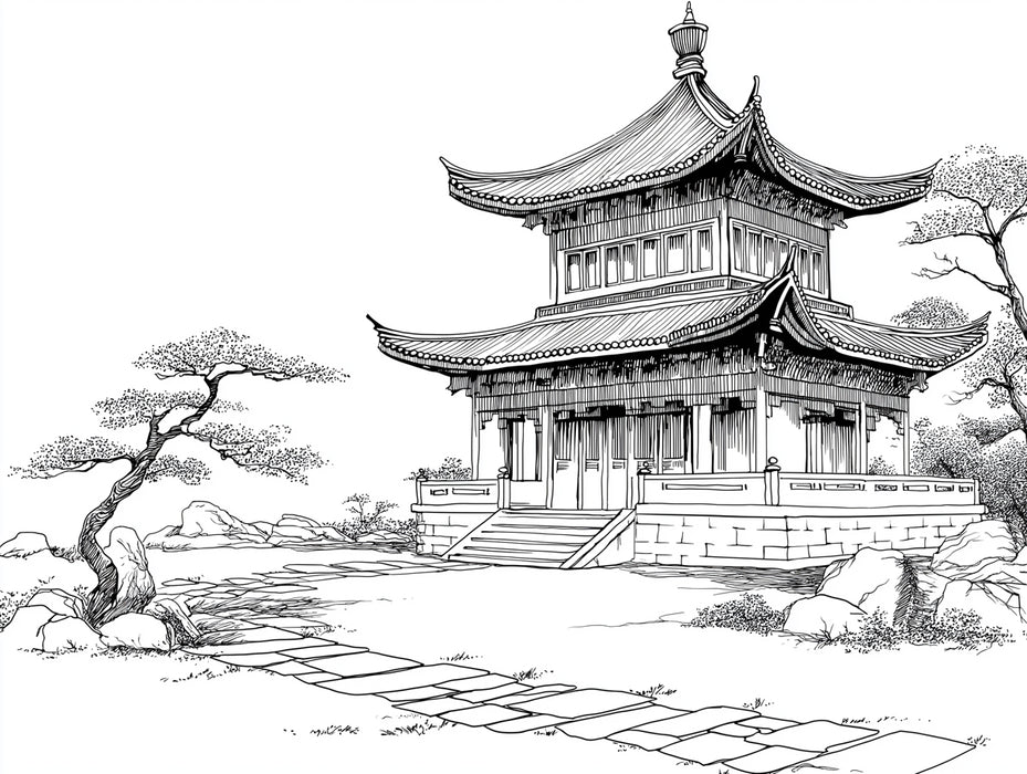 Traditional Chinese Pavilion and Garden Sketch Mural Wallpaper | Black and White Ink Art