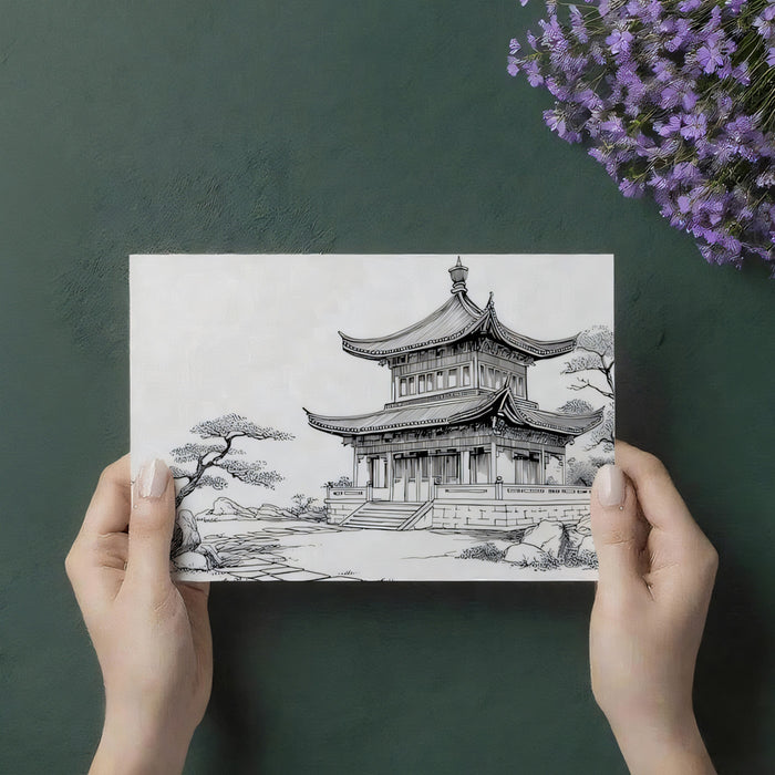 Traditional Chinese Pavilion and Garden Sketch Mural Wallpaper | Black and White Ink Art