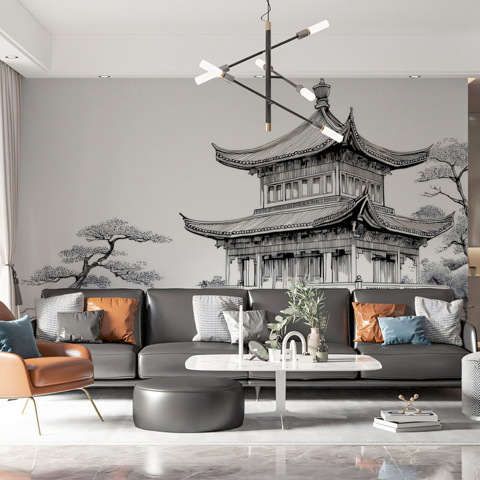 Traditional Chinese Pavilion and Garden Sketch Mural Wallpaper | Black and White Ink Art