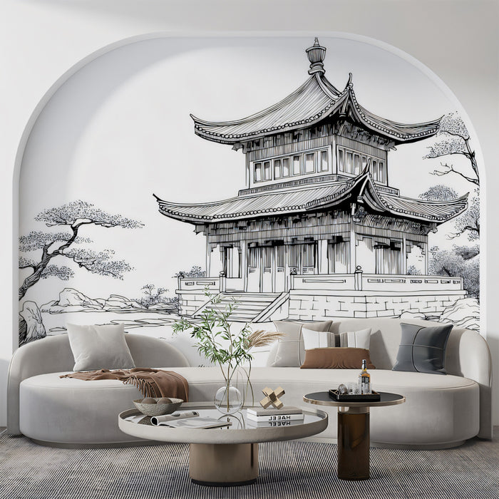 Traditional Chinese Pavilion and Garden Sketch Mural Wallpaper | Black and White Ink Art