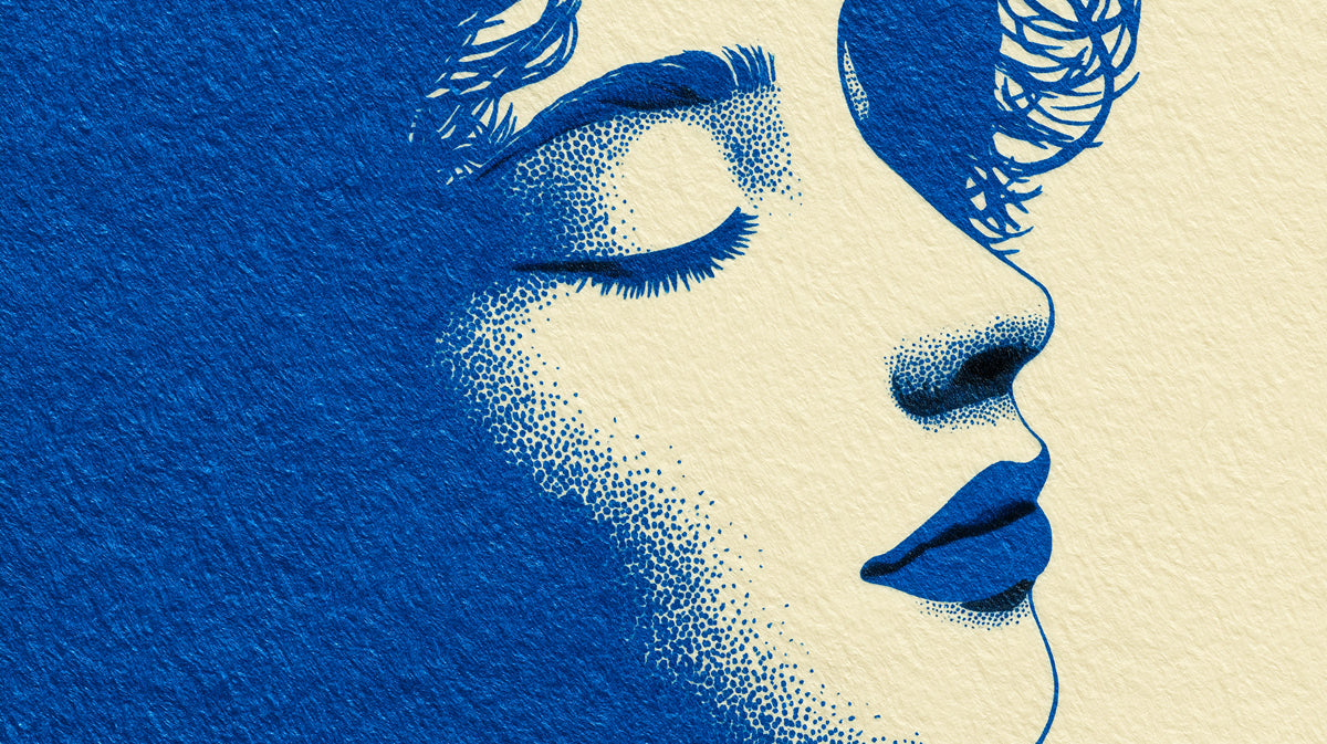 Pop Art Woman Portrait Profile Mural Wallpaper | Blue and Cream Stipple Art