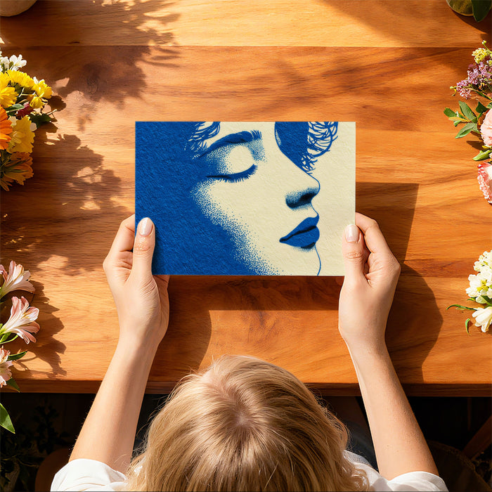 Pop Art Woman Portrait Profile Mural Wallpaper | Blue and Cream Stipple Art