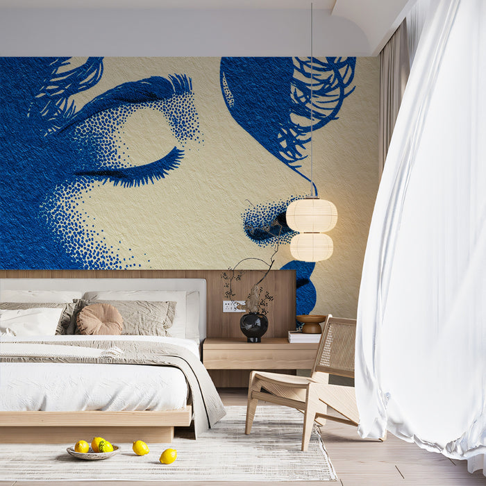 Pop Art Woman Portrait Profile Mural Wallpaper | Blue and Cream Stipple Art