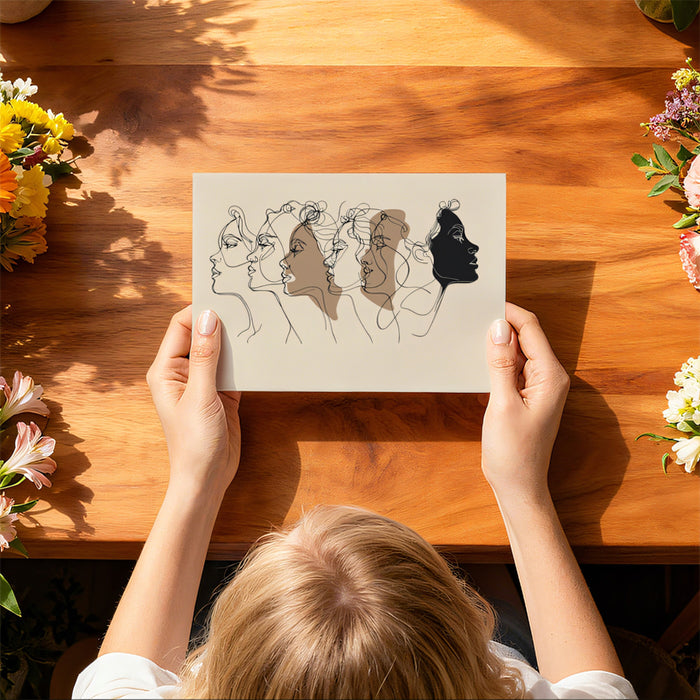 Continuous Line Art Women Faces Abstract Mural Wallpaper | Minimalist Beige Aesthetics