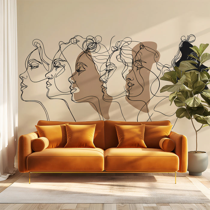 Continuous Line Art Women Faces Abstract Mural Wallpaper | Minimalist Beige Aesthetics
