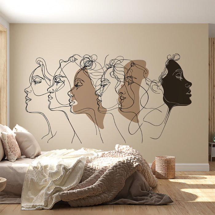 Continuous Line Art Women Faces Abstract Mural Wallpaper | Minimalist Beige Aesthetics