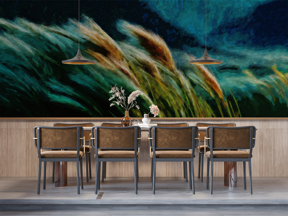 Abstract Windblown Grass Dark Blue Oil Painting Mural Wallpaper | Moody Nature Texture