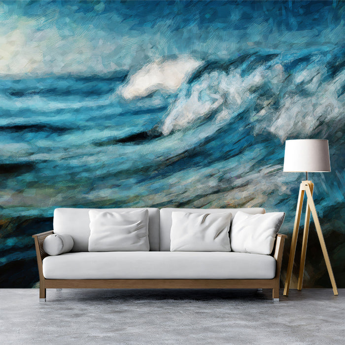 Abstract Blue Sea Waves Texture Oil Painting Mural Wallpaper | Impressionist Ocean Art