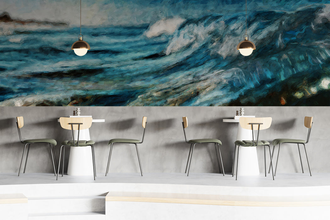 Abstract Blue Sea Waves Texture Oil Painting Mural Wallpaper | Impressionist Ocean Art