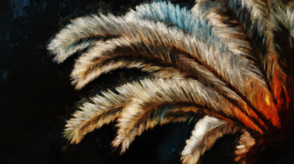 Textured Palm Leaf Close-Up Dark Oil Painting Mural Wallpaper | Moody Tropical Art