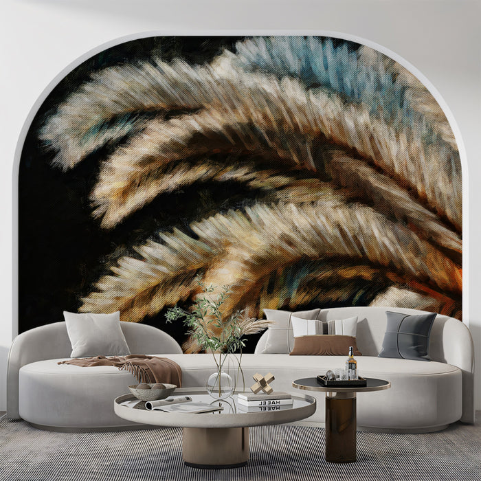 Textured Palm Leaf Close-Up Dark Oil Painting Mural Wallpaper | Moody Tropical Art