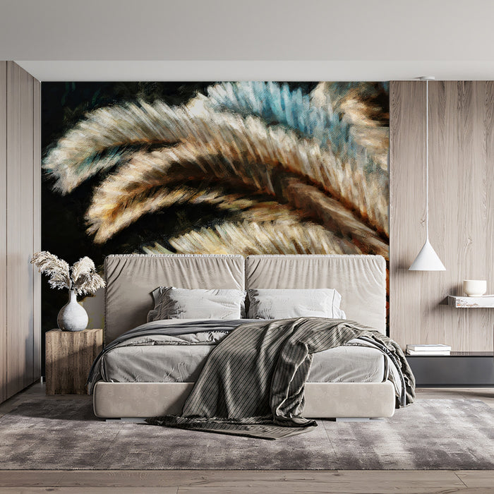 Textured Palm Leaf Close-Up Dark Oil Painting Mural Wallpaper | Moody Tropical Art