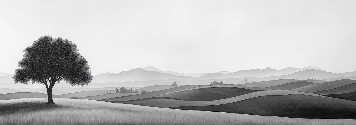 Black and White Solitary Tree Landscape Mural Wallpaper | Minimalist Rolling Hills