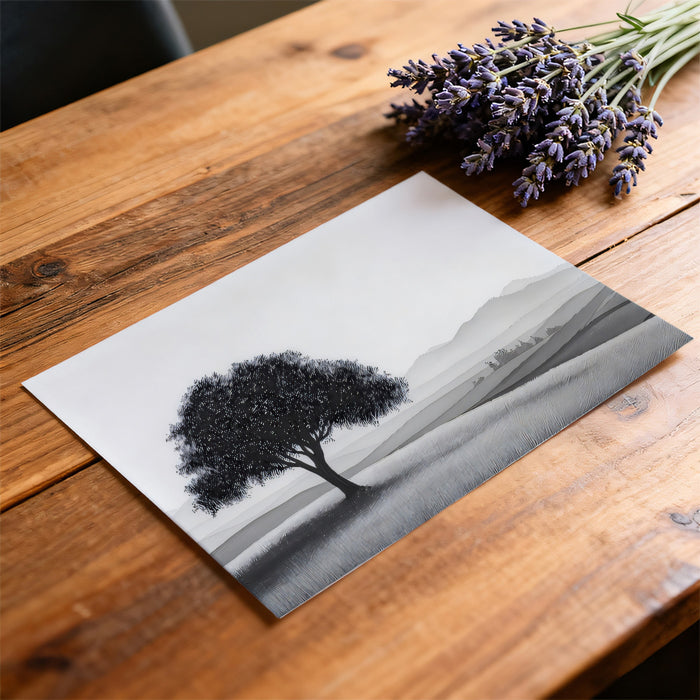 Black and White Solitary Tree Landscape Mural Wallpaper | Minimalist Rolling Hills