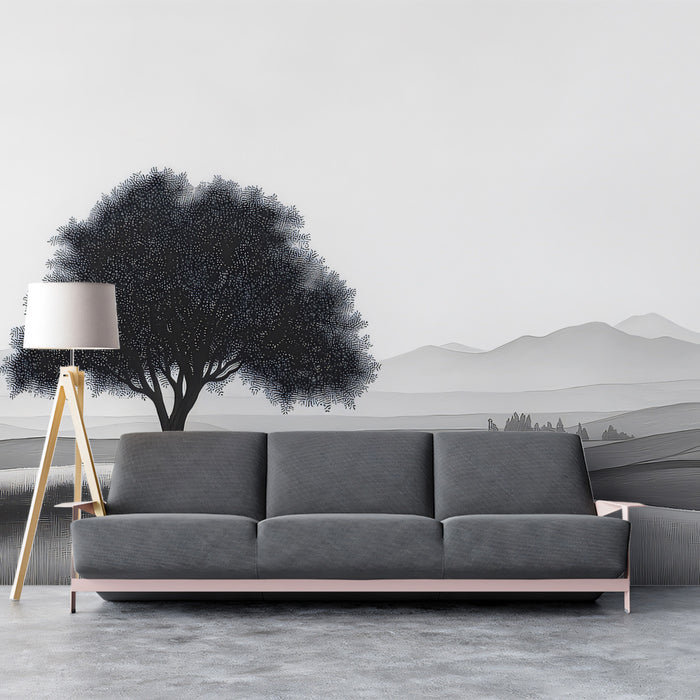 Black and White Solitary Tree Landscape Mural Wallpaper | Minimalist Rolling Hills