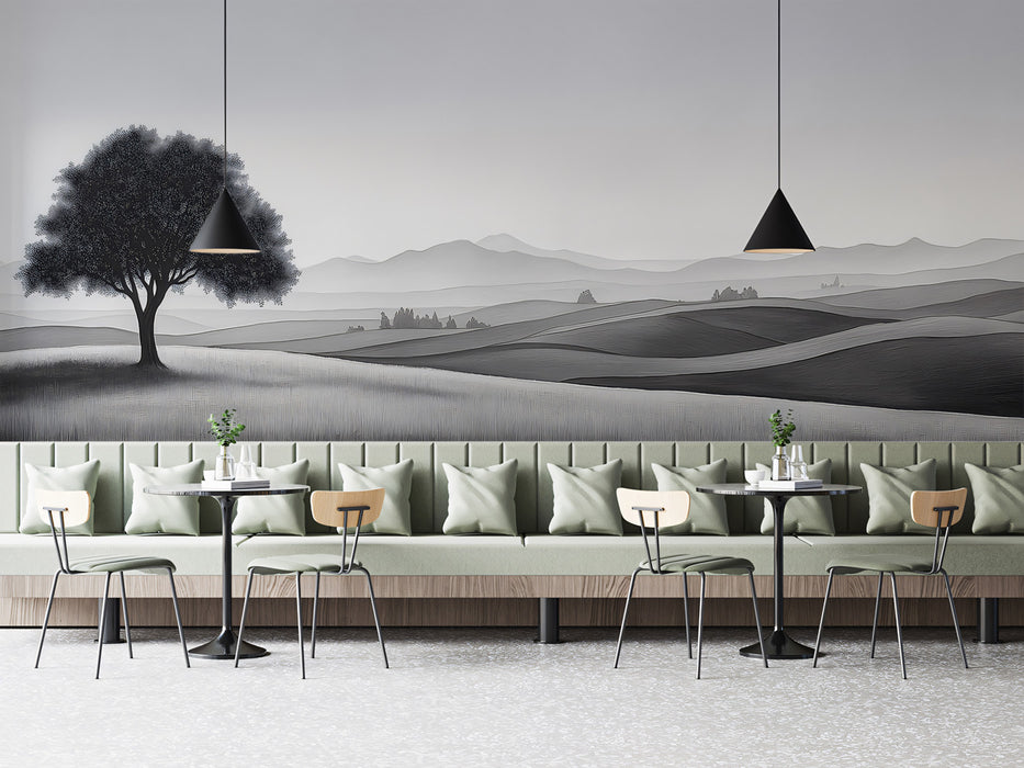 Black and White Solitary Tree Landscape Mural Wallpaper | Minimalist Rolling Hills